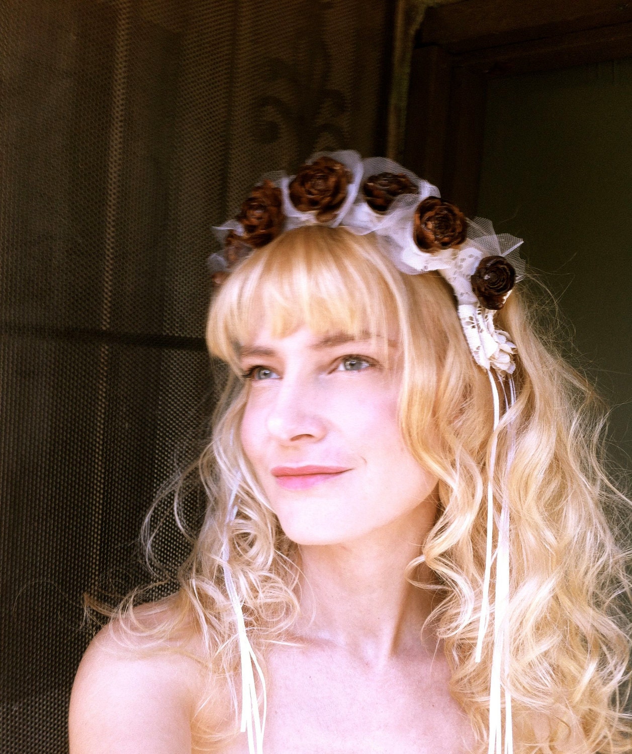 Rustic wedding headband pine cone crown flower bridal head piece forest country weddings