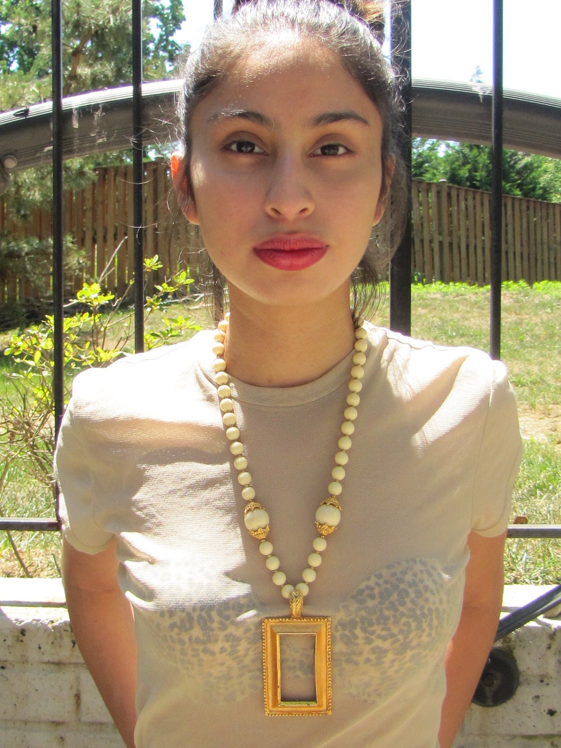 Vintage 80s Antique Gold Photo Frame Necklace