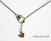 Antique Brass Owl and Bird Lariat Necklace NOB01