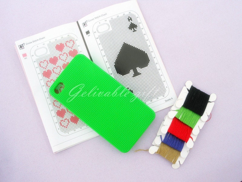 DIY Cross Stitch iPhone 4 or 4S Case,Green TPU case with 5 color thread,one pin and  an instruction/pattern booklet CKG01