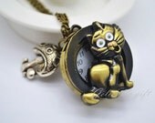 Alice in wonderland pocket watch necklace,antique brass Cat and antique silver mushroom pendant NWAW02