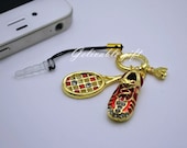 Badminton Cell phone strap with Dust Plug, antique golden badminton shoe, racket,shuttlecock charm, for iphone 5,iphone 4 4S ipad PSS01