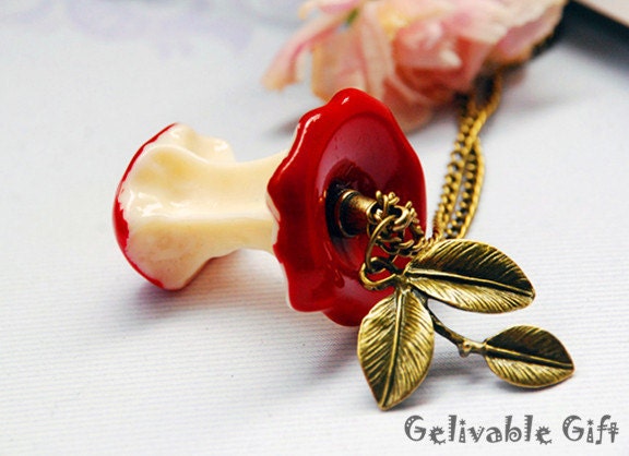Red Apple Steampunk Necklace Half Eaten With antique brass leaf NA01L