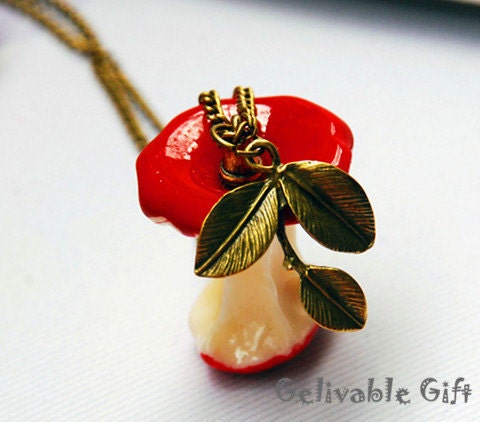 Red Apple Steampunk Necklace Half Eaten With antique brass leaf NA01L