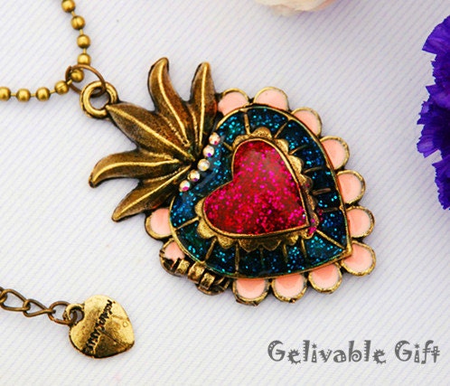 colorful love heart locket pendant necklace, with antique bronze  Cupid Arrows of Love NH02