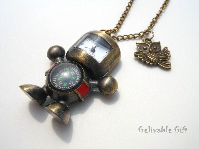 Antique brass  robot compass pocket watch necklace,with owl pendant NWR01