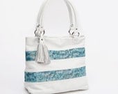White Navy Leather Tote Bag Summer Bag Stripe Bag White Blue Seaside Inspired