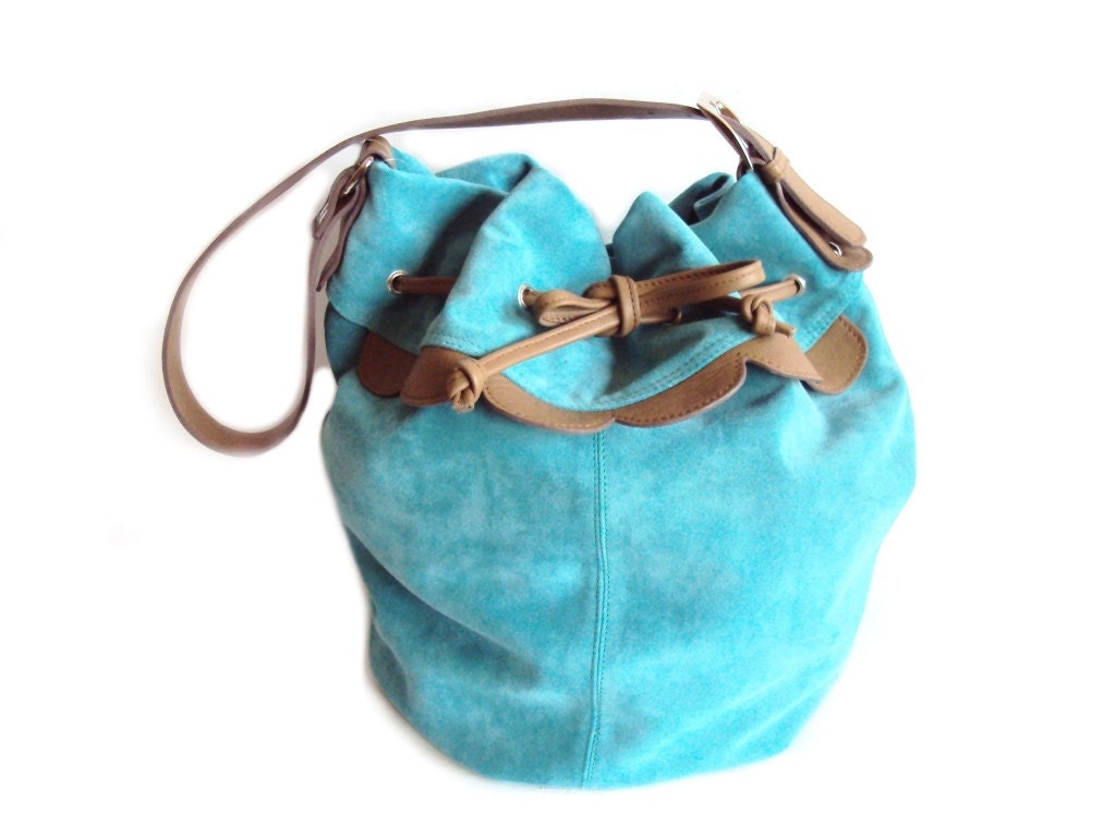 Leather bucket bag Turquoise Blue shoulder Bag Suede Sack Hobo Bag - Drawstring Bag, Carryall Bag