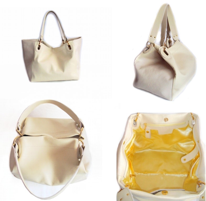 SALE - Beige Cream Leather Tote Bag, Leather Satchel, Beige Handbag Shoulder Bag