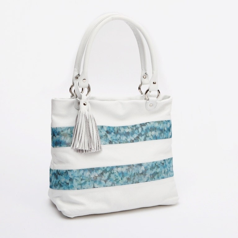White Navy Leather Tote Bag Summer Bag Stripe Bag White Blue Seaside Inspired