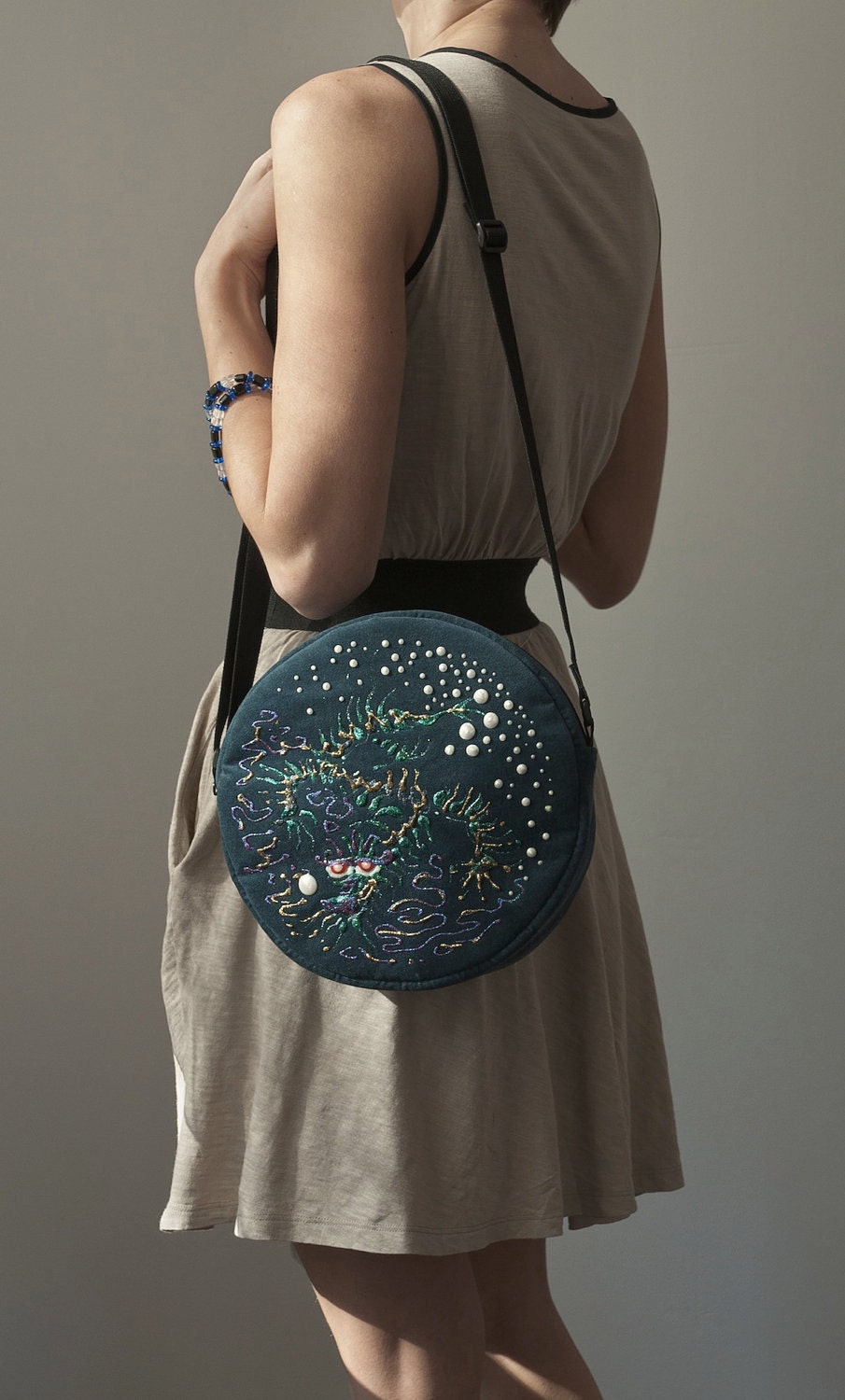 Round Purse Bag Turquoise Bag Asian Water Dragon Hand Painted Bag Teal Cross Body Bag Purse Velour Bag Acrylic Painting - Marewo