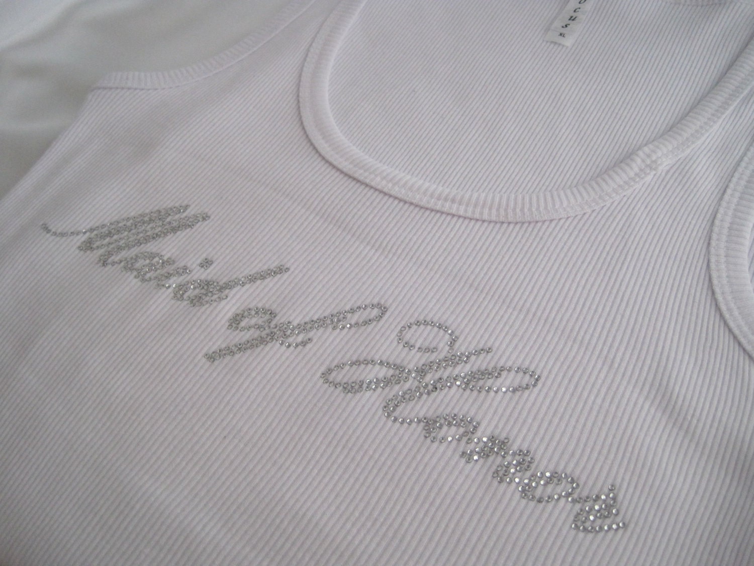 Qty. 1 Rhinestone Wedding Party Lace Tank Top. Sizes Small to XXXL. Optional Wording: Bride. Bridesmaid. Maid of Honor. Matron of Honor.