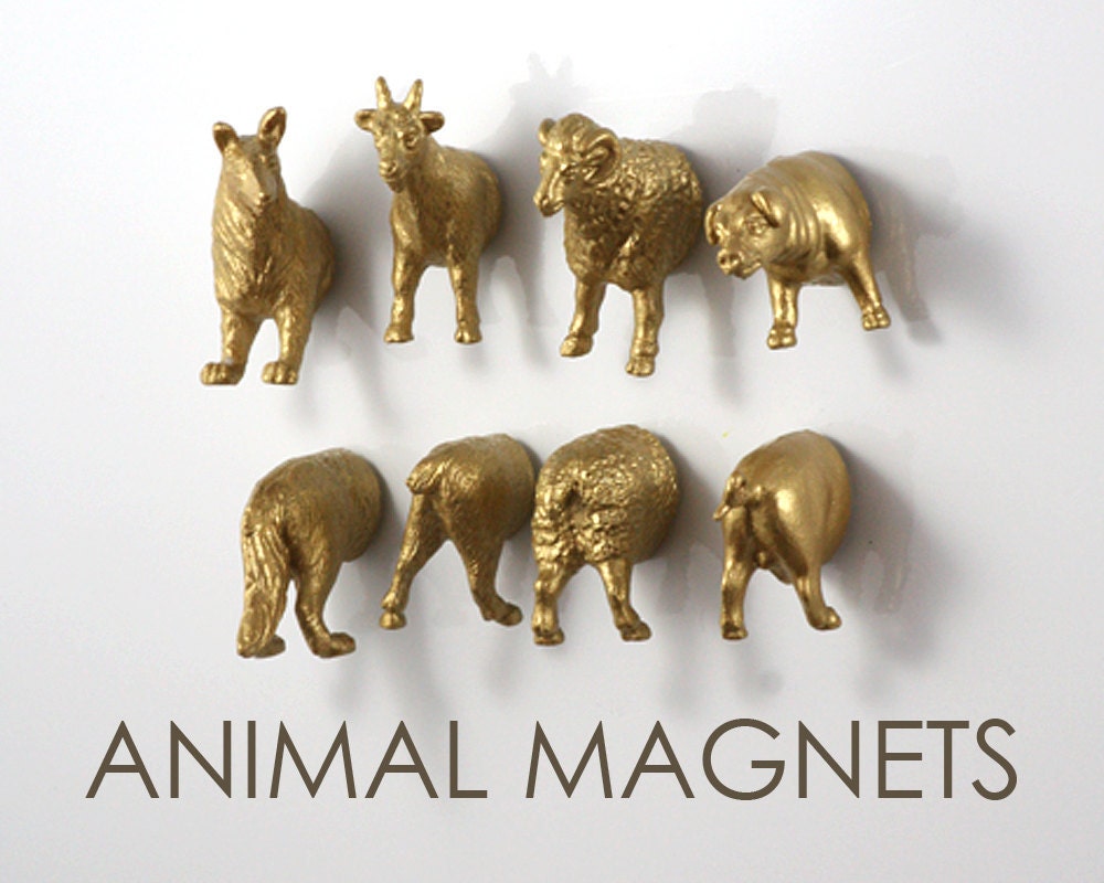 Gold Farm Animal Magnets for Housewarming - 8 piece set - Gold Sheep Dog Pig Goat (Ram)