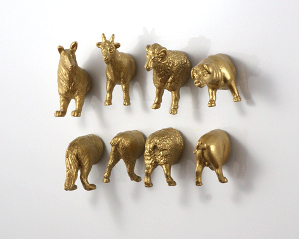 Gold Farm Animal Magnets for Housewarming - 8 piece set - Gold Sheep Dog Pig Goat (Ram)