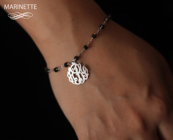 Monogram bracelet - Personalized monogram with black spinel - Expedited shipping