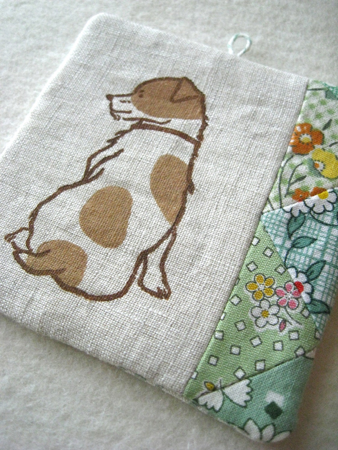 PATCHWORK WALL HANGING - hand lino printed Jack Russell Terrier, shade of green