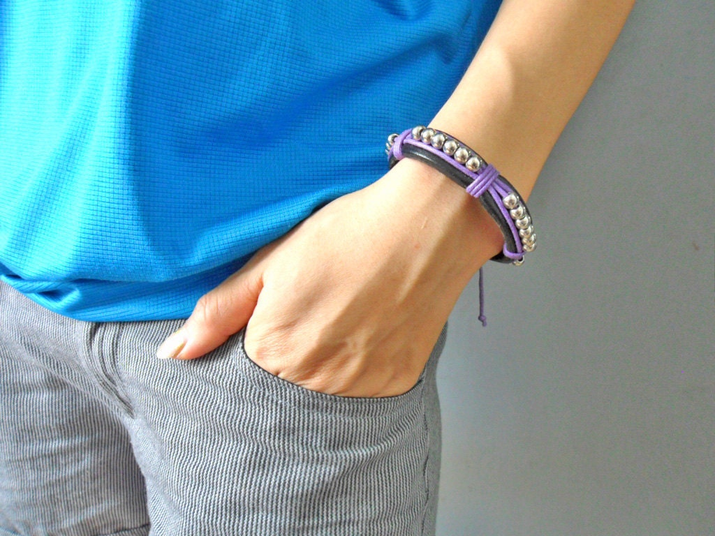 Jewelry bangle leather bracelet fashion bracelet women bracelet girls bracelet made of purple ropes beads black leather cuff  SH-1638