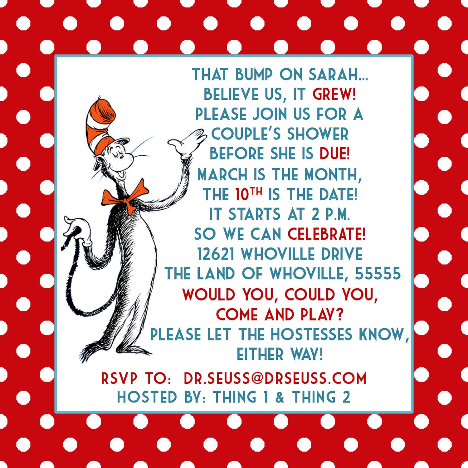 Dr. Seuss Baby Shower Invitation & Insert--Digital Printable File