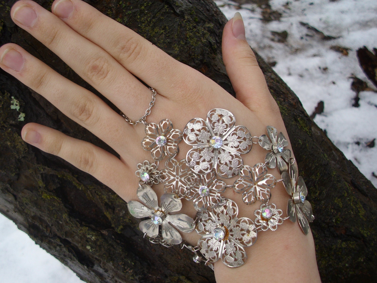 Jeweled Metal Flower Slave Cuff