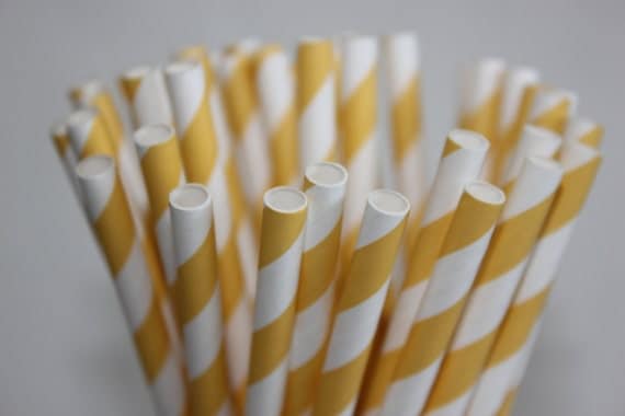 50 lemon Yellow Striped Paper Straws and Printable Flag Toppers