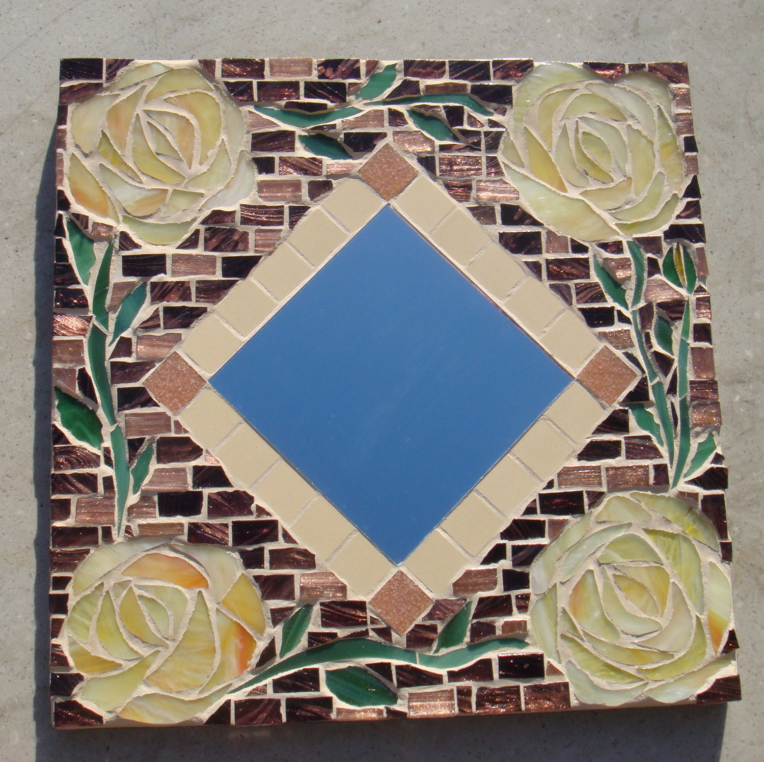 Square Mosaic Mirror Yellow Roses Brown/Gold/Bronze