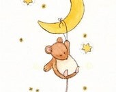 Nursery art Mouse watercolour painting ORIGINAL 5 x 7 Catching stars Moon Stars Night time Bedtime Sleepy Cute Happy Boy Girl