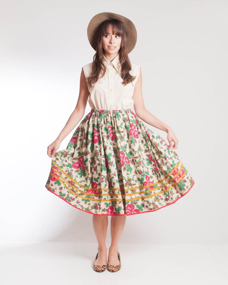 1990s Handmade Floral Skirt with Gold Trim