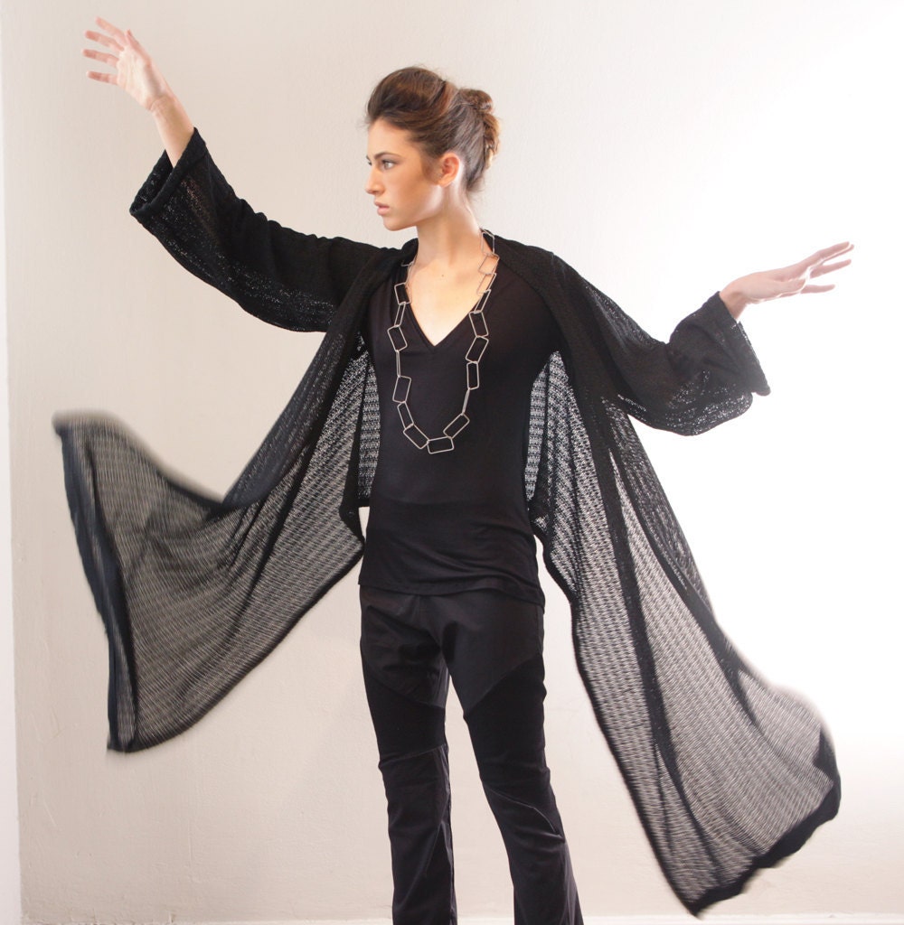 Knitted Cardigan, Black Knitted Warp Cardigan ,