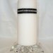 Decorative Scented White Pillar Candle, Rhinestone & Pearl Medallion, Rhinestone Chain, Black Satin Ribbon
