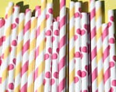 75 Striped Paper Straws - Hot Pink Polka Dot Lemonade