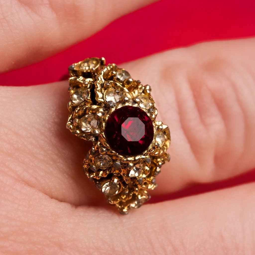 Vintage Ring Red Gemstone Adjustable with Rhinestone Accents