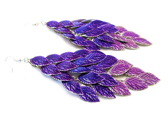Purple Earrings, Chandelier Earrings, Amethyst Earrings, Dangle, Long Metal Earrings, Enamel Earrings, Grape Bunch, Purple, Lavender