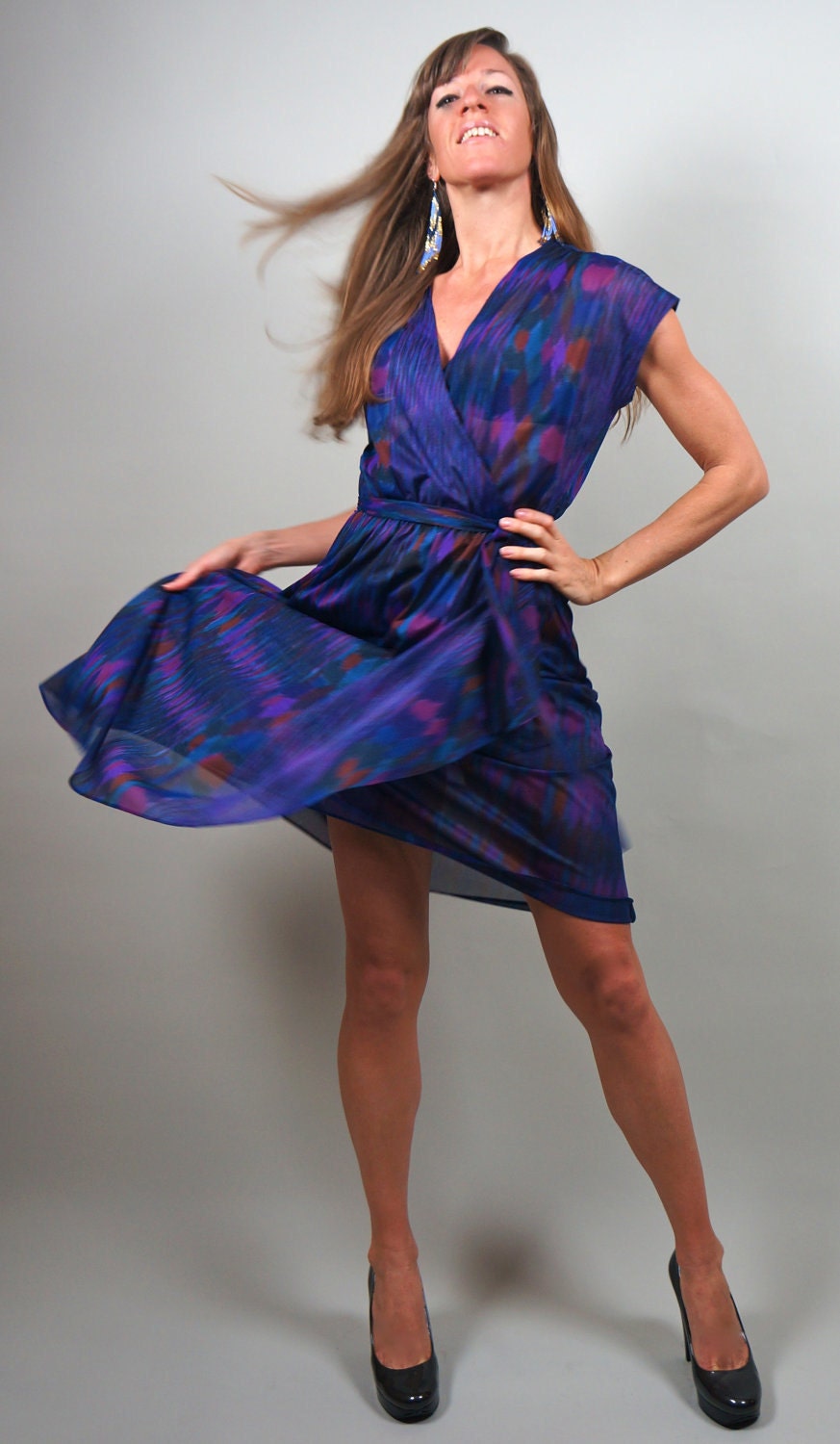 70s Sheer Purple Print Faux Wrap Dress. Size Small