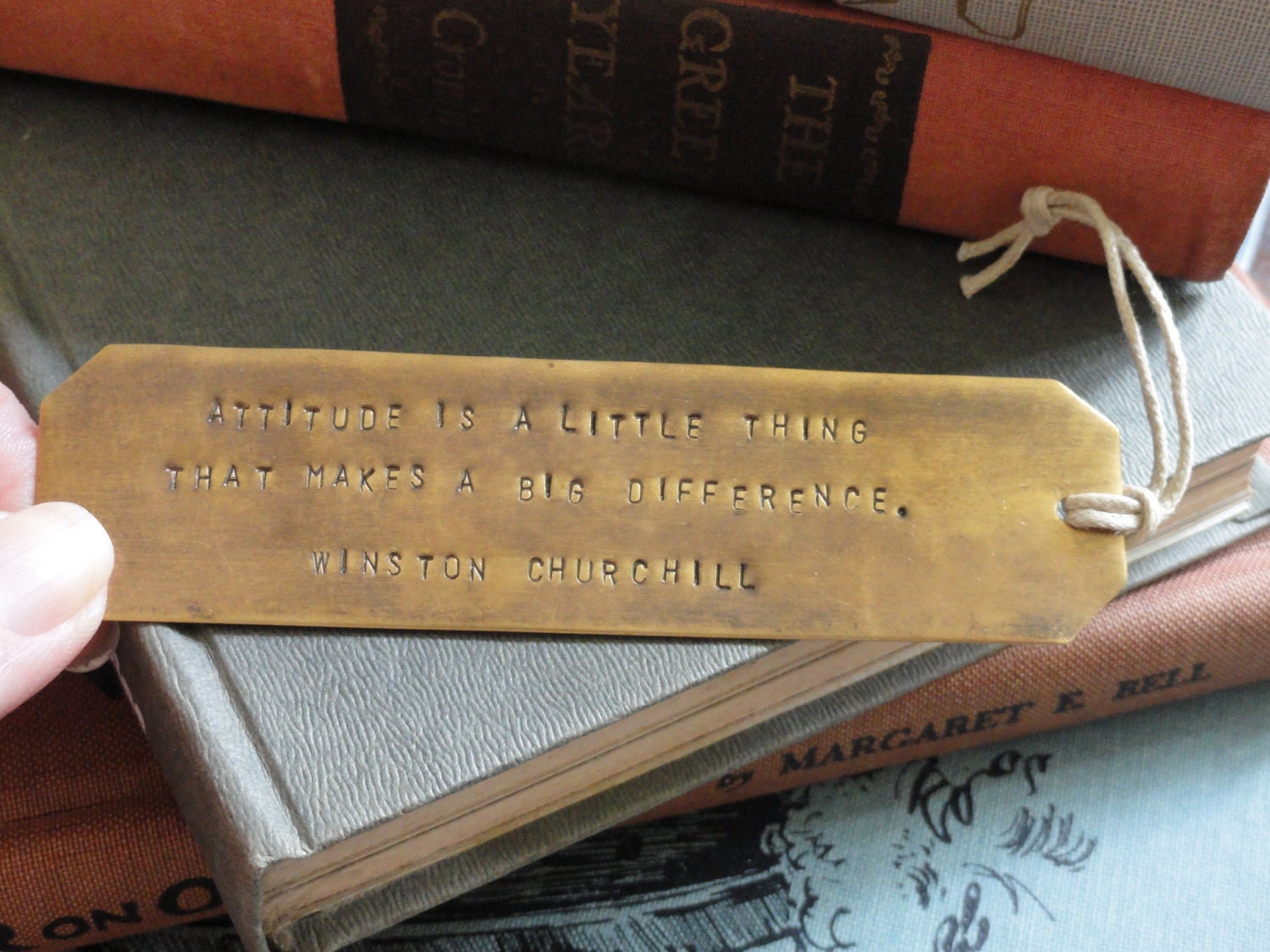 WINSTON CHURCHILL quote, Antiqued brass bookmark, hand-stamped, ready to ship with plain tassel, add 1 day for personalized disk