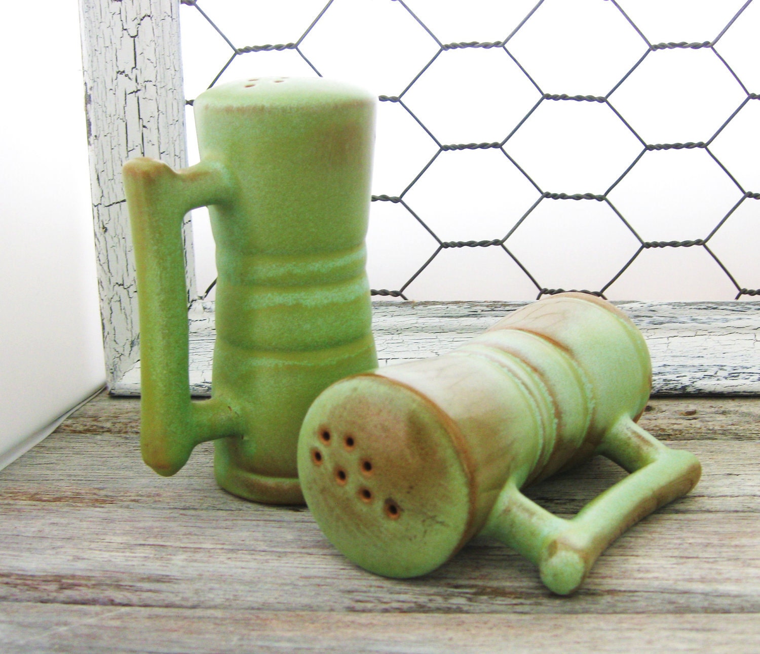 Vintage Americana-Frankoma Pottery - Salt & Pepper Shaker Set -Prairie Green Glaze-Plainsman Unique