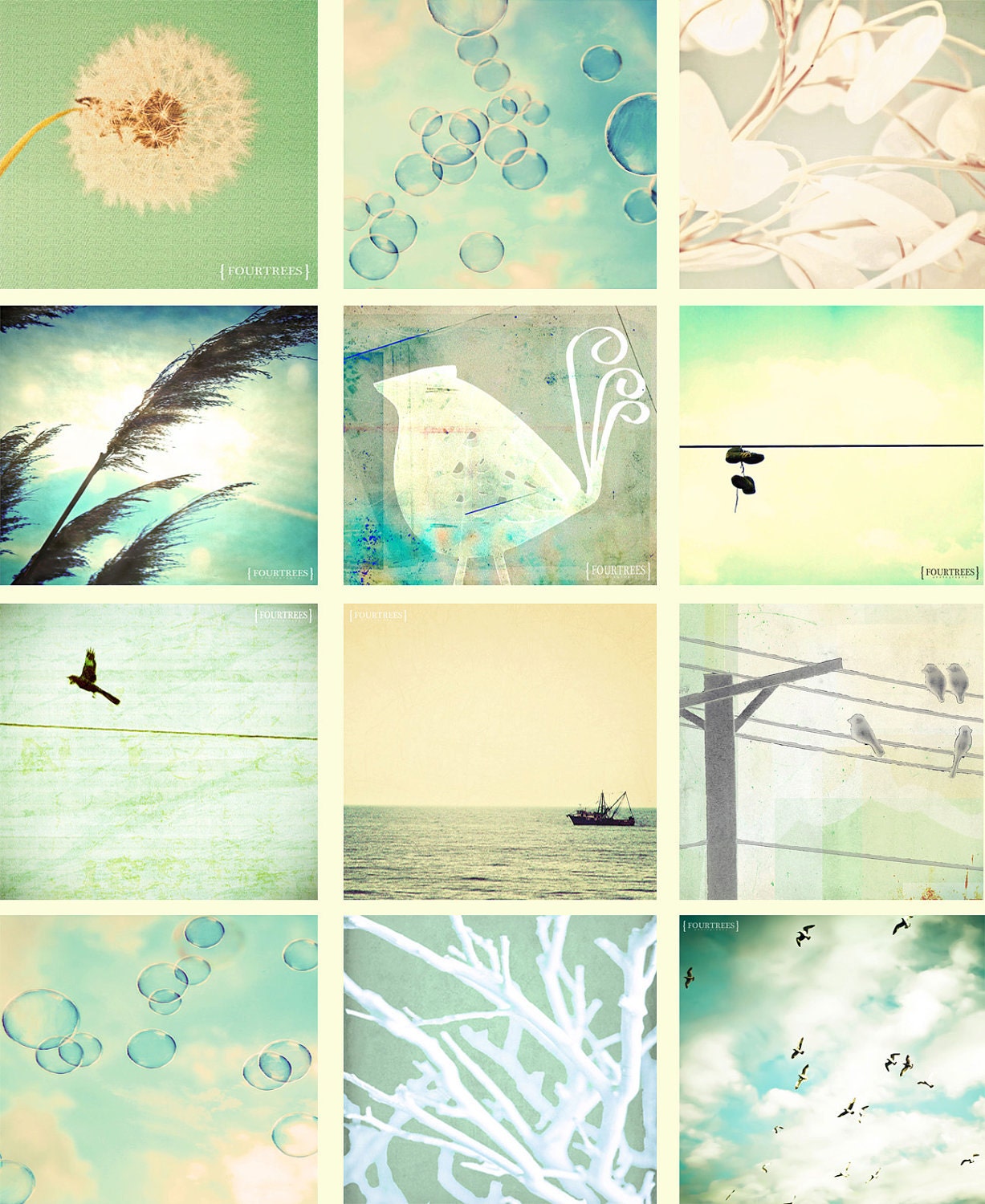 Mint To Be Together - Set of 12 5x5 minty green and blue tones photography prints home decor nursery room wall art birds bubbles dandelion