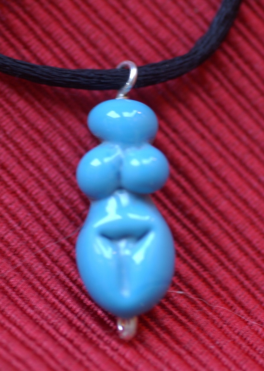 Turquoise Glass Goddess Pendant on a Black Satin Cord