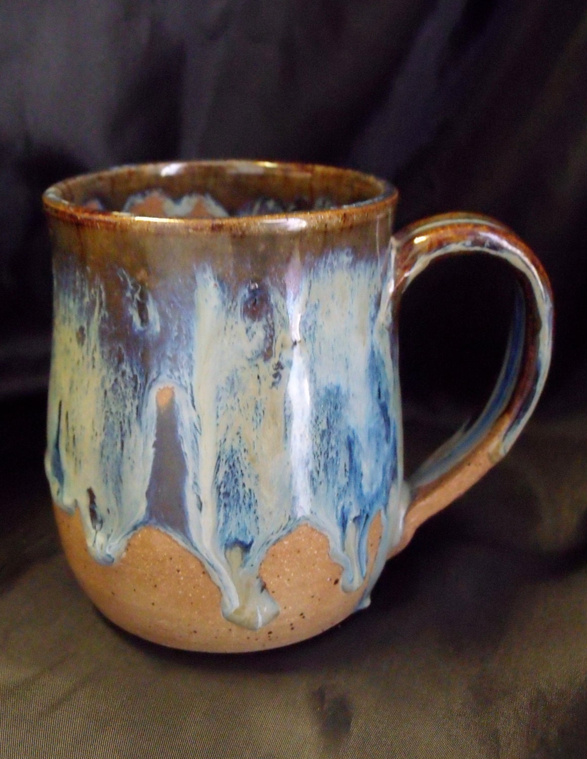 Handmade Wheel Thrown Stoneware Pottery Mug, Blue, Brown, Coffee, Cup, Glazed