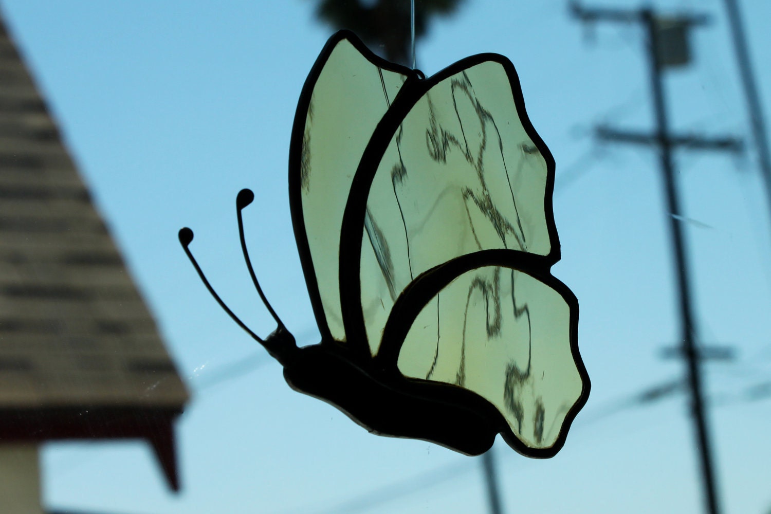 Stained Glass Butterfly, Green Water Glass, Sun Catcher, Ornament.