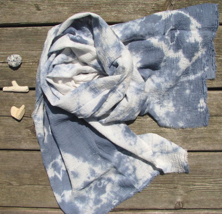 hand-dyed blue and white scarf, lightweight cotton