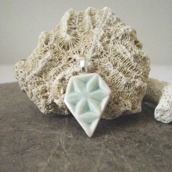 handmade ceramic necklace, geometric, diamond, turquoise