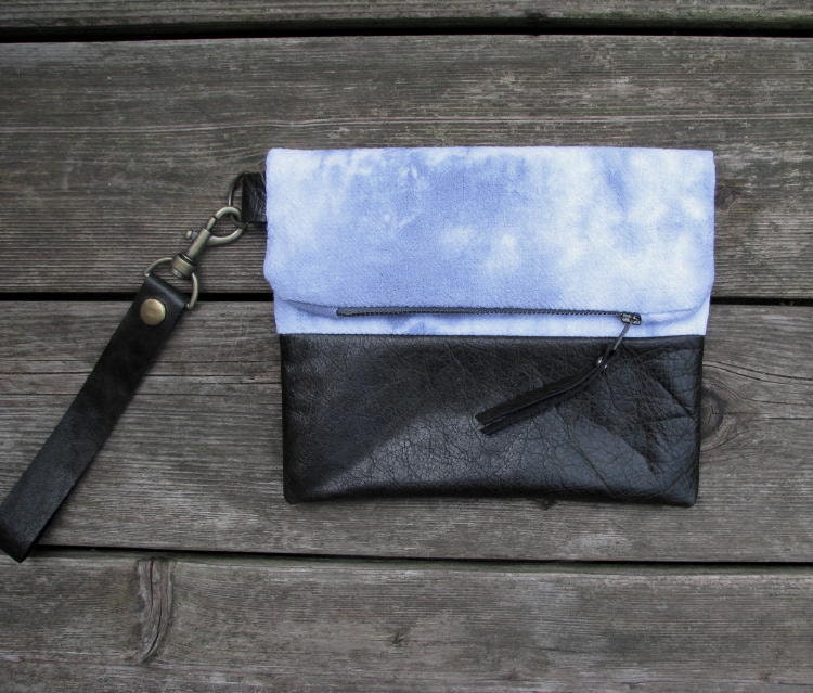 hand-dyed cotton and leather wristlet, detachable strap, fold-over clutch