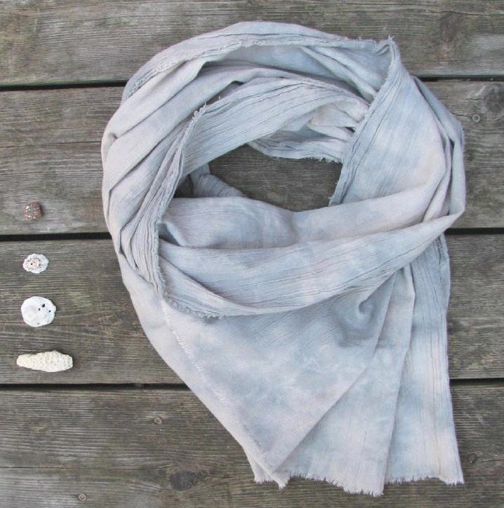 hand-dyed scarf, lightweight cotton, pale blue and sand