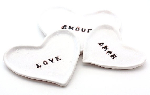 Porcelain Nesting Heart Dishes Set of 3 in White and Black Writing Love Amour Amor So Romantic MADE TO ORDER