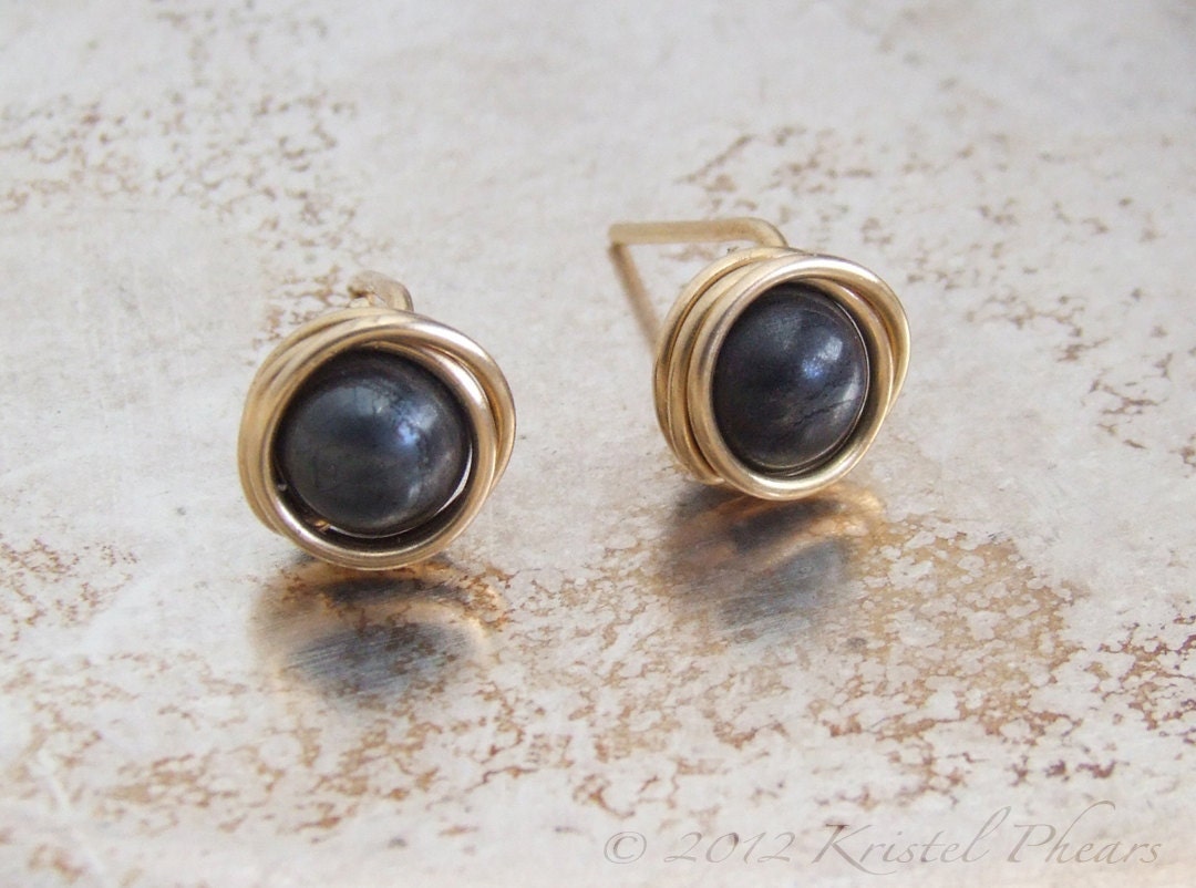 Tiny Gold stud earrings - Iron tiger eye, 14k gold-filled wire wrapped studs ear posts black unisex women's men's jewelry