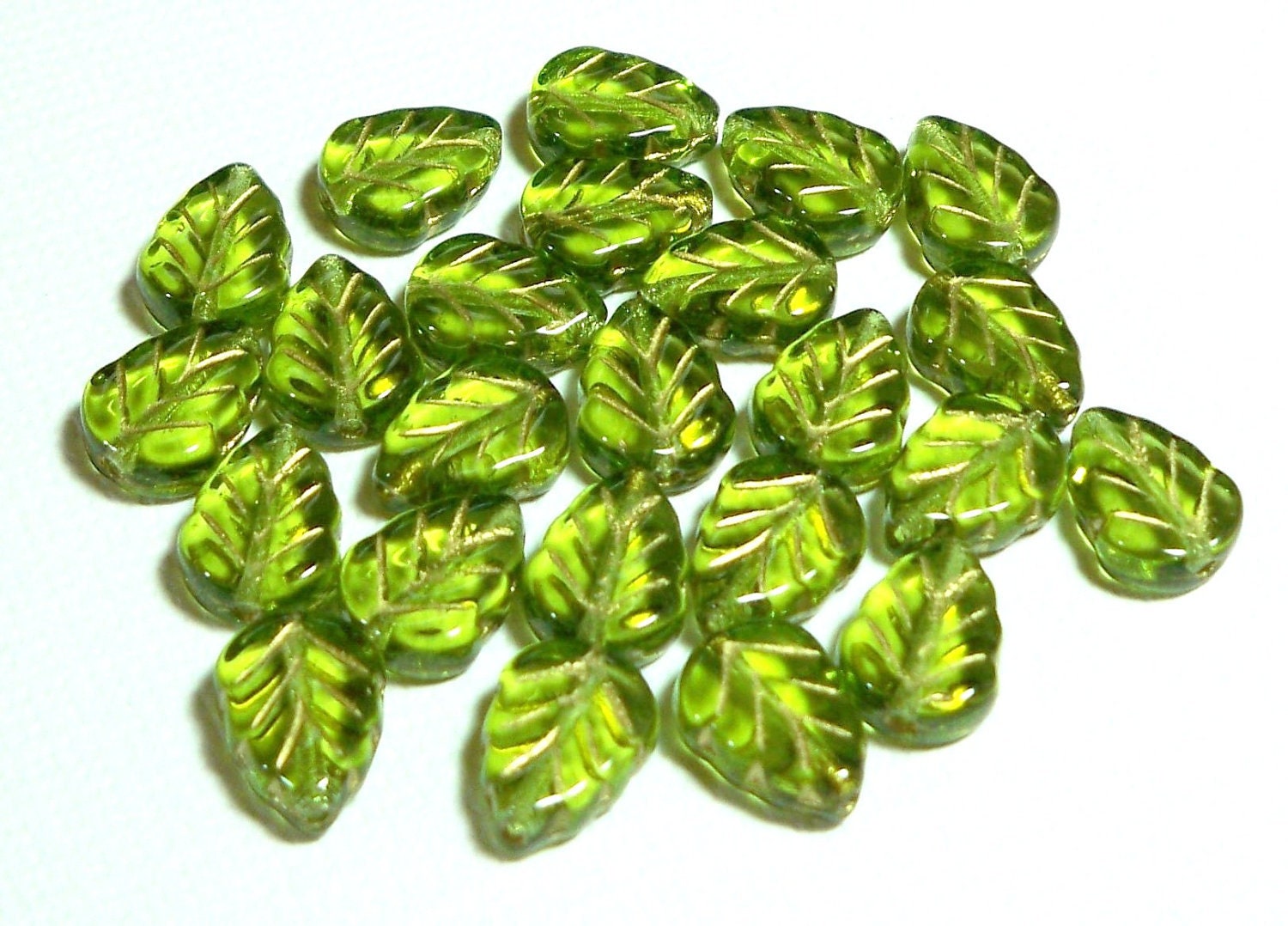 Olivine Green with Gold Inlay Pointy Leaves 8x10mm, 24 Pieces Czech Glass, Item 613