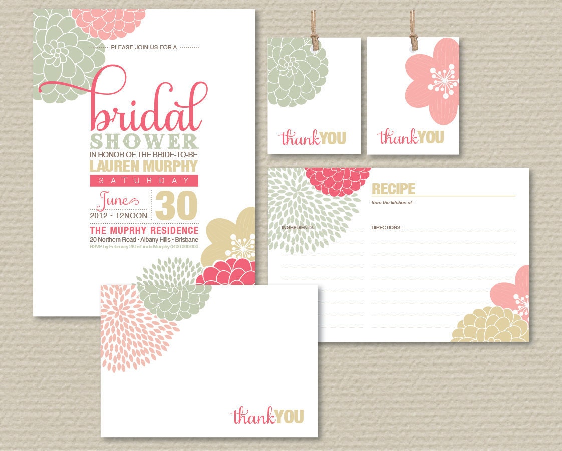 Printable Bridal Shower Invitation Party Pack - Modern Floral Design in neutrals and a splash of pink