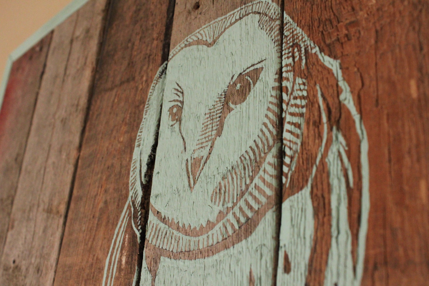Reclaimed Wood Owl Painting in SeaFoam Green