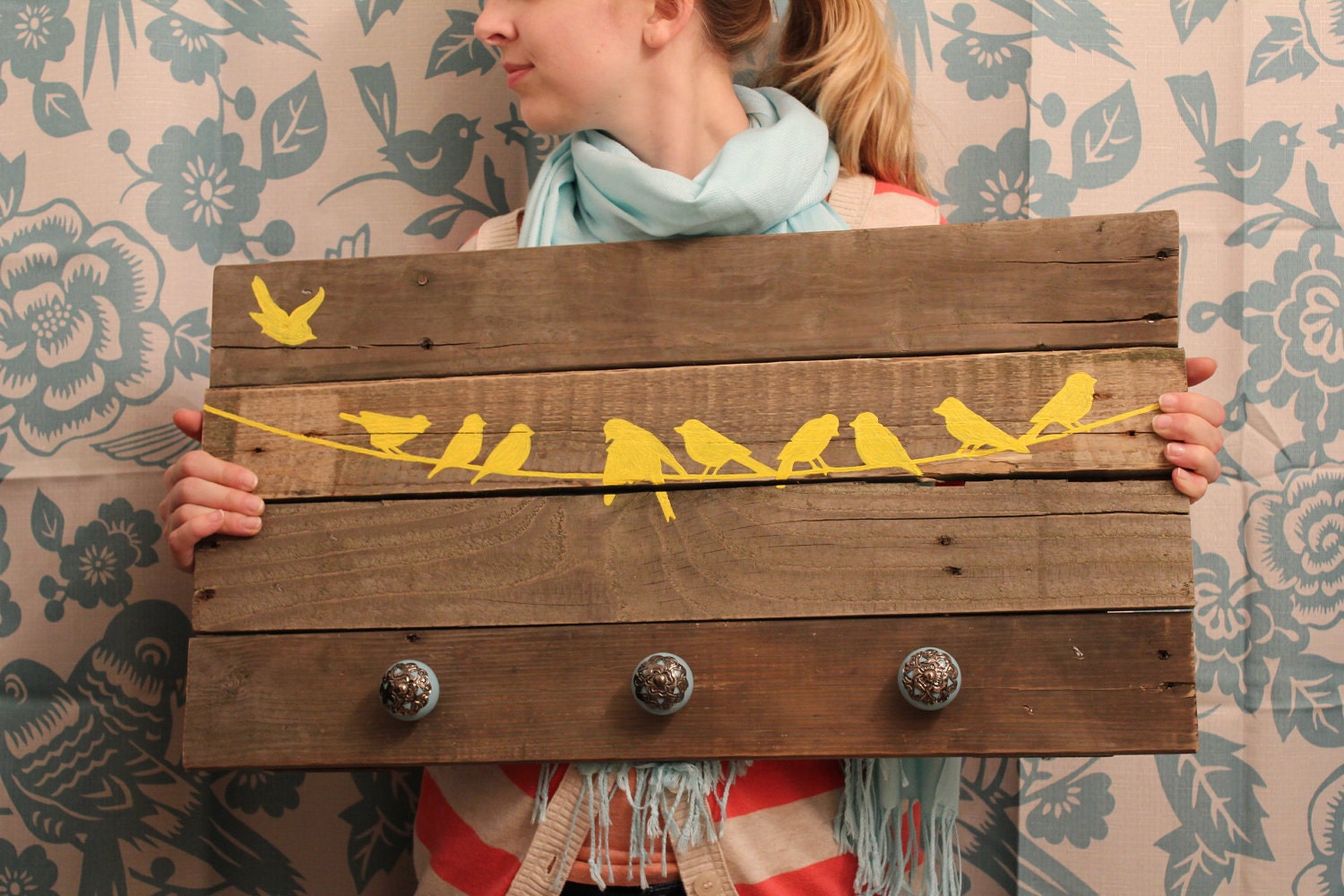 Reclaimed Wood Coat Rack (yellow birds on a line)