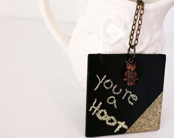 Woodland Owl Chalkboard Necklace with Gold Sparkle Glitter